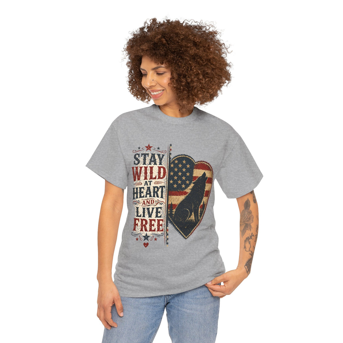 Stay Wild at Heart Live Free T-Shirt - Patriotic Wolf Heart Graphic