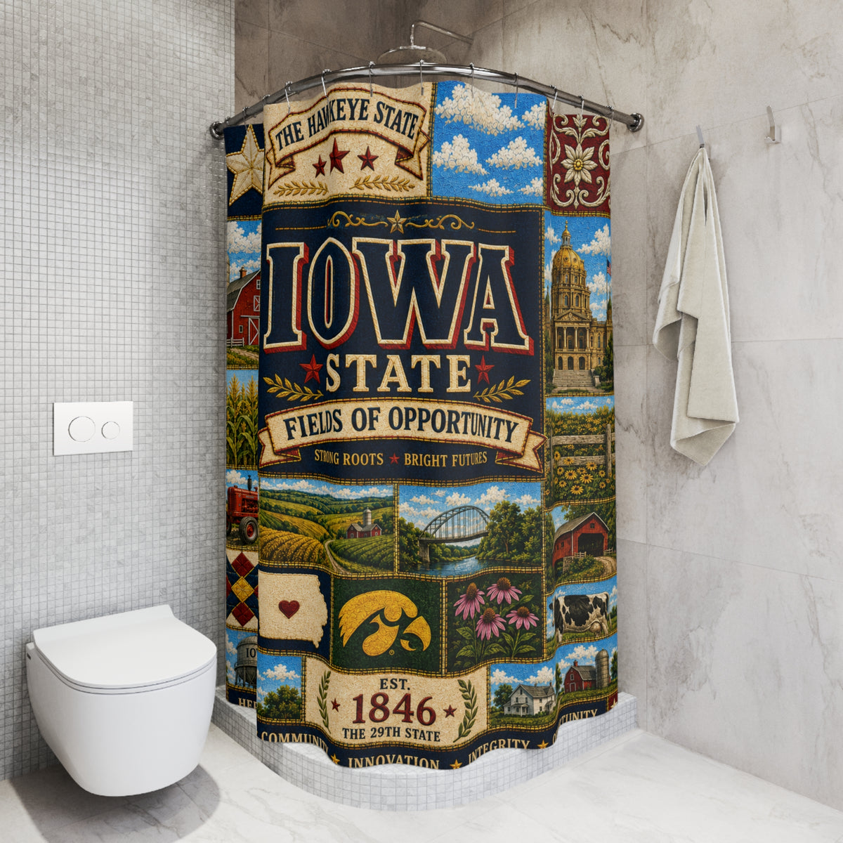Iowa Shower Curtain, Hawkeye State Decor, Farmhouse Landmark Faux Patchwork, Rustic Midwest Bathroom Decor