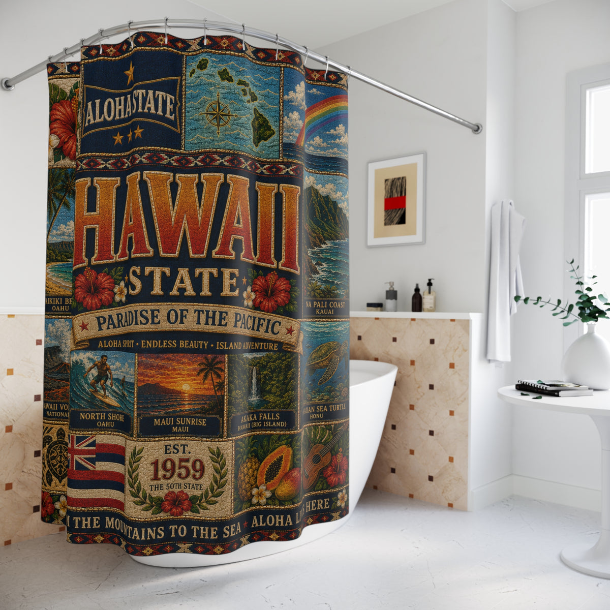 Hawaii State Shower Curtain Aloha State Faux Patchwork Paradise of the Pacific Tropical Island Landmarks Hawaiian Bathroom Decor