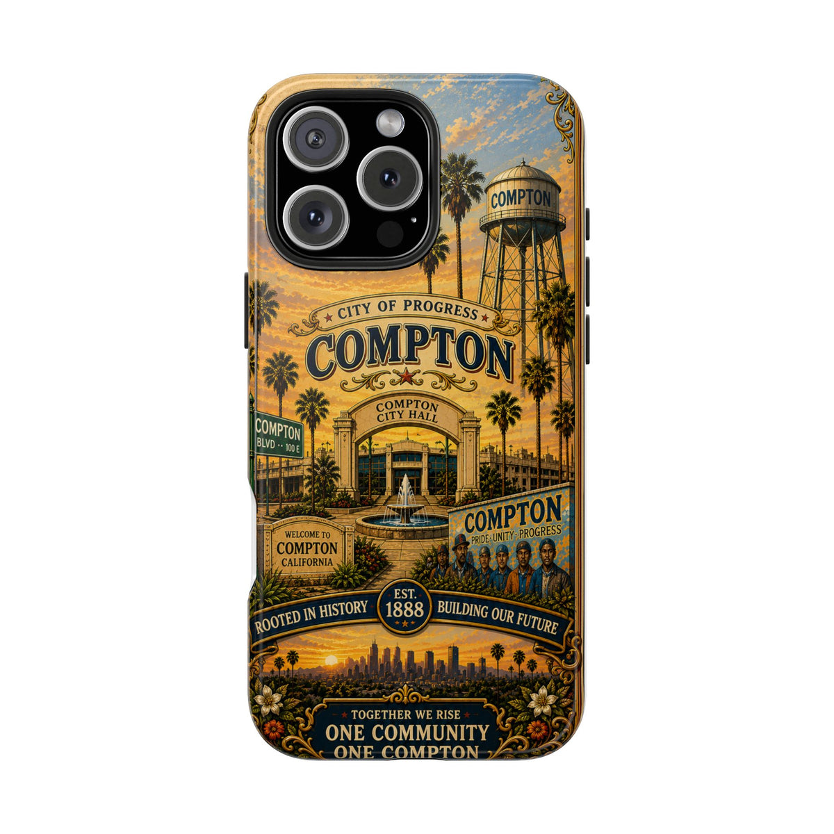 Compton Heritage Tough PhoCompton California Vintage Travel Phone Case City of Progress Retro Skyline Landmark Coverne Case — "One Community, One Compton" Vintage City Design
