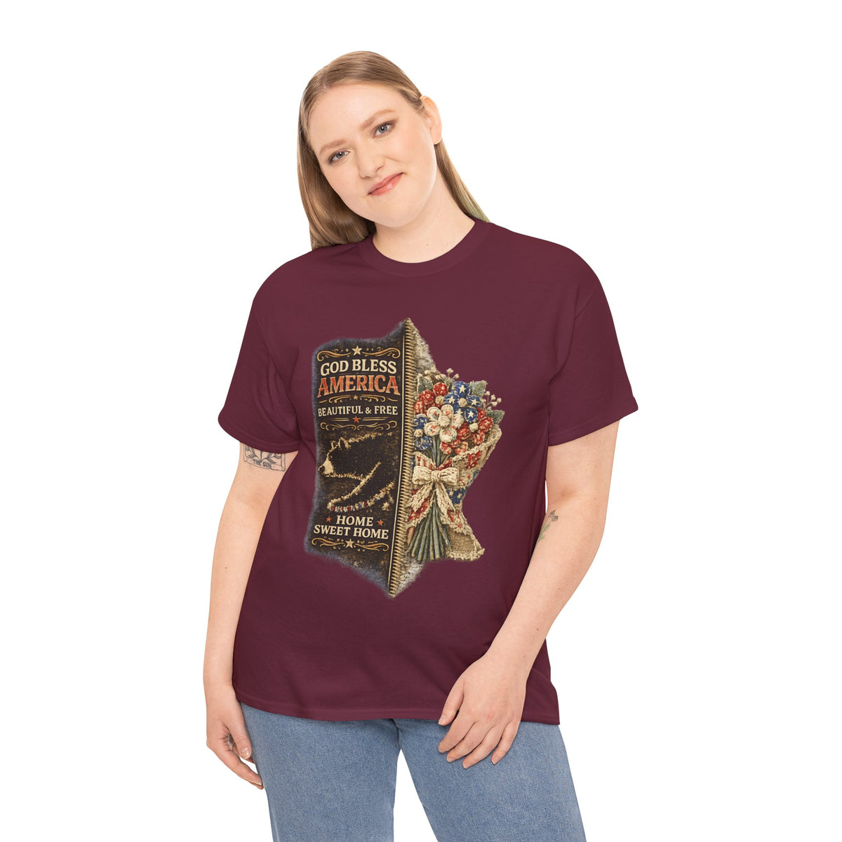 God Bless America T-Shirt — Patriotic "Home Sweet Home" Floral Design