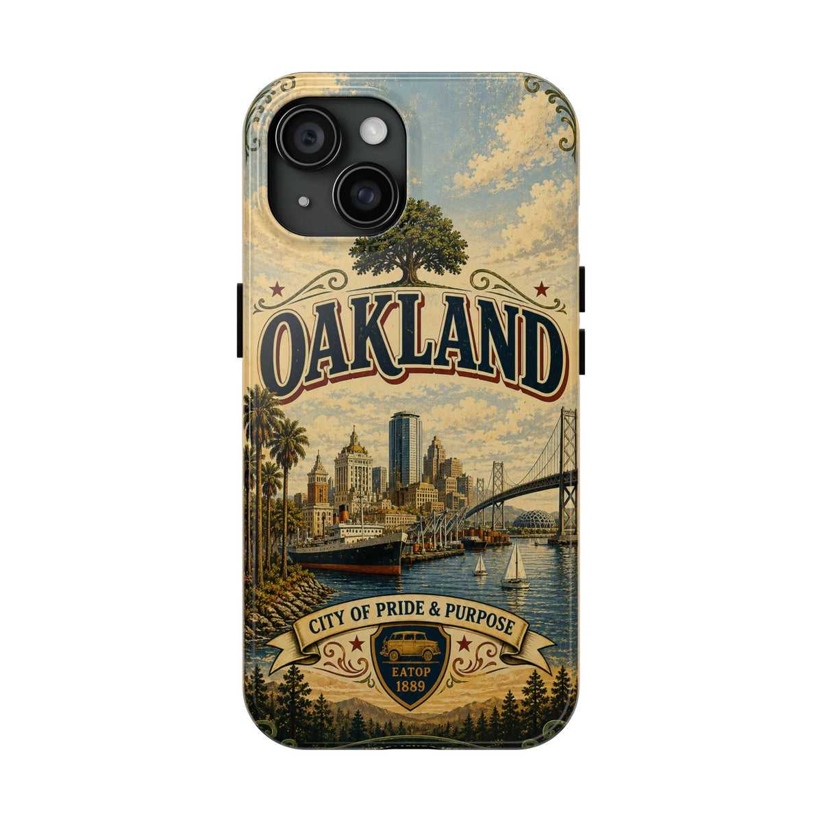 Oakland Bay Heritage Faux Patchwork Phone Case – City of Pride & Purpose Vintage Skyline Art Cover