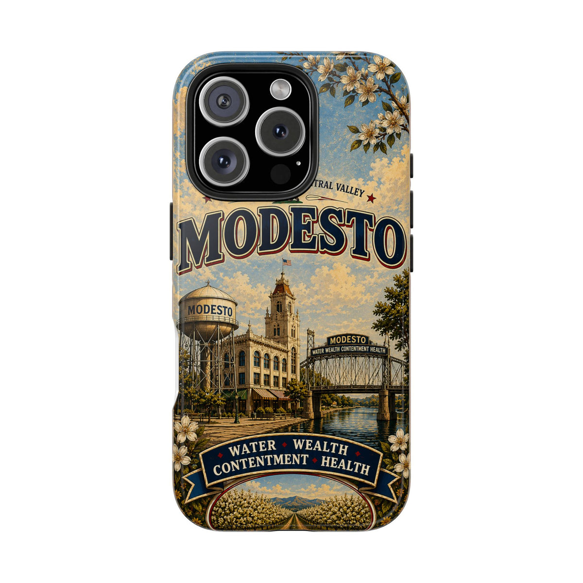 Modesto Faux Patchwork Phone Case – Central Valley Heritage Retro Travel Art, Orchard & Waterfront Cover