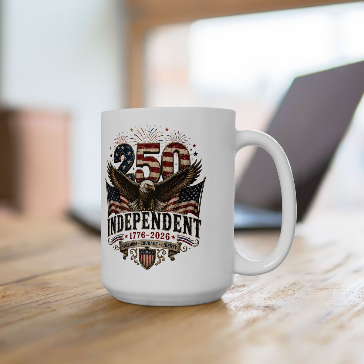 250 Years Independent Eagle Mug Patriotic Faux Patchwork American Flag Coffee Cup USA 1776 2026 Anniversary Gift