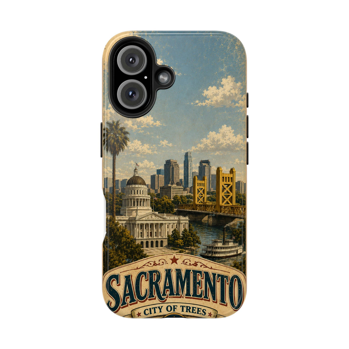 Sacramento City of Trees Faux Patchwork Phone Case Vintage California Landmark Travel Poster Cover