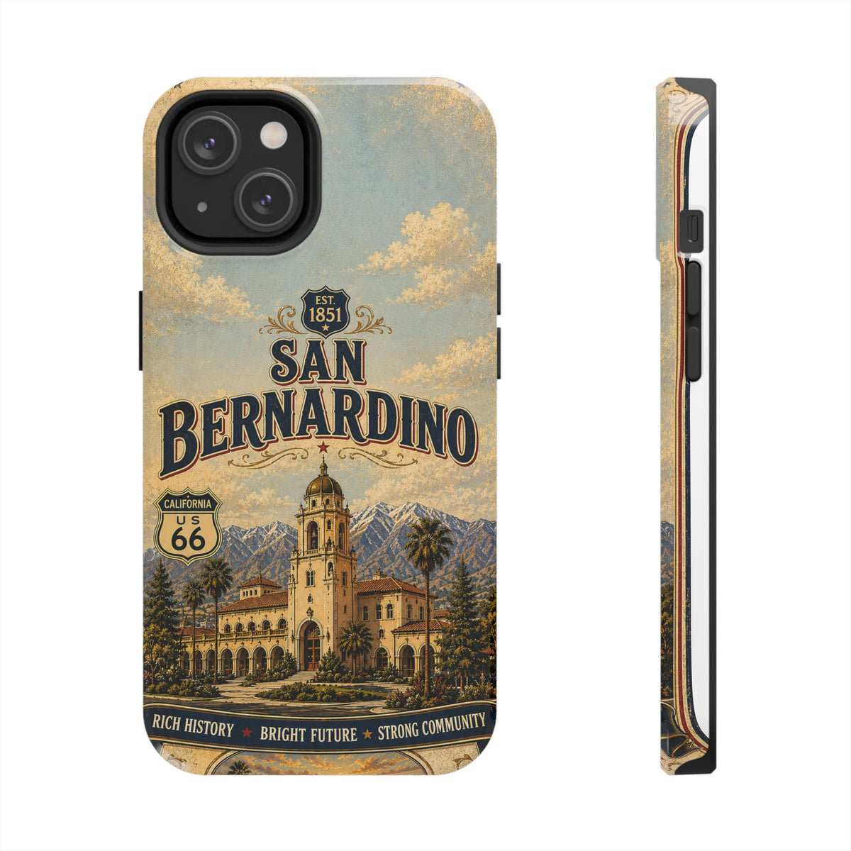San Bernardino Route 66 Faux Patchwork Phone Case Vintage California Travel Poster Mountain Landmark Cover