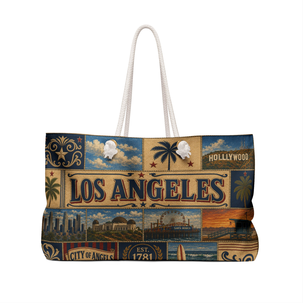 Los Angeles California Weekender Bag City of Angels Faux Patchwork Travel Tote Hollywood Coastal Vintage Souvenir Gift