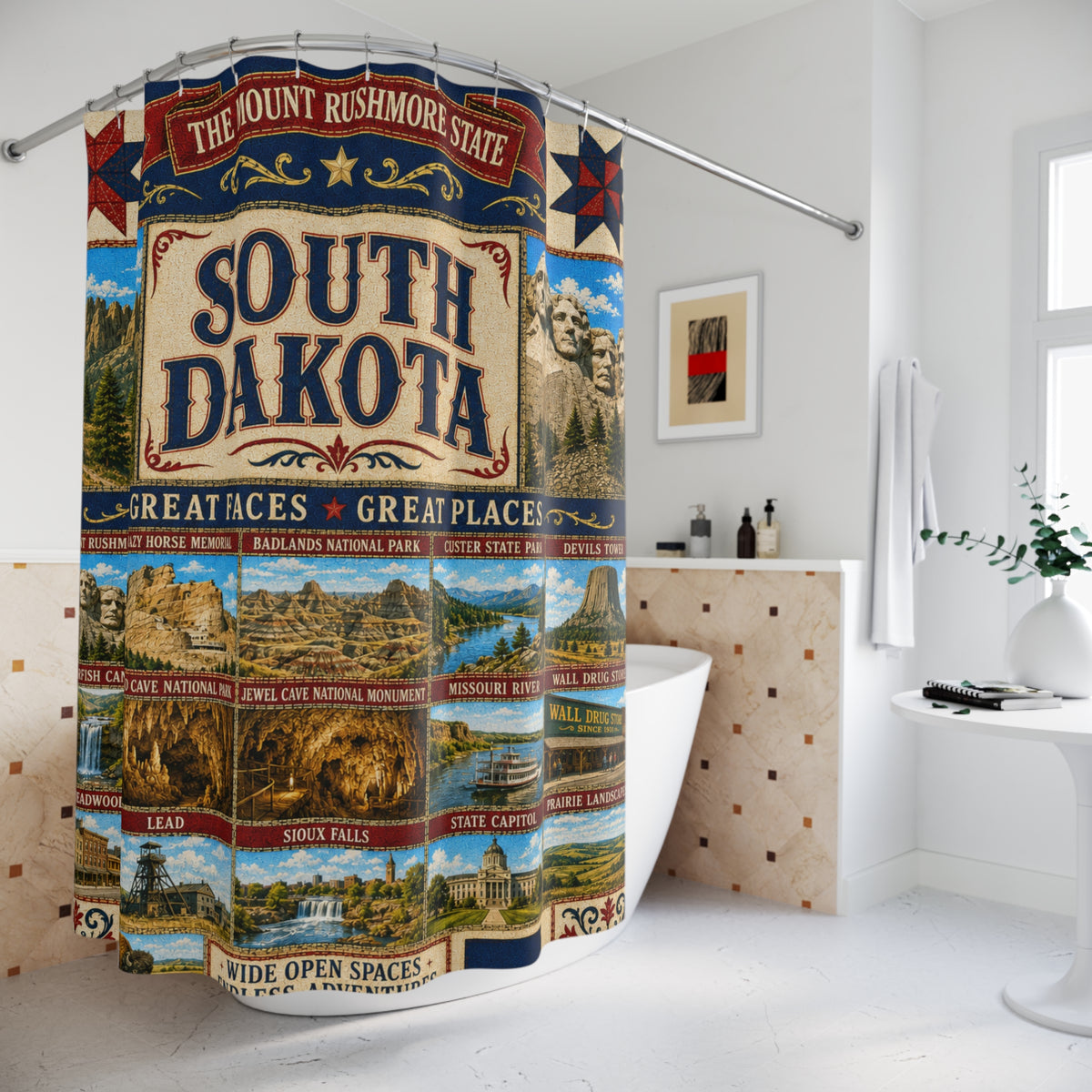 South Dakota Shower Curtain Great Faces Great Places Faux Patchwork Mount Rushmore Scenic Landmarks Rustic Bathroom Decor
