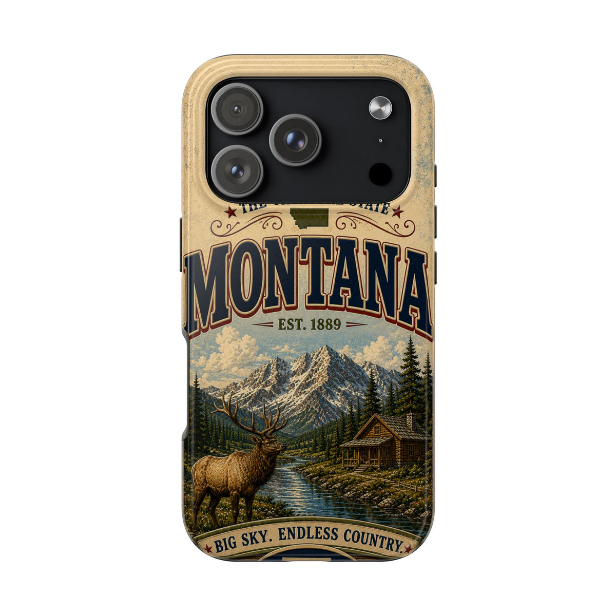 Montana Big Sky Country Faux Patchwork Phone Case – Vintage Travel Poster Scenic Mountain Design for iPhone & Samsung