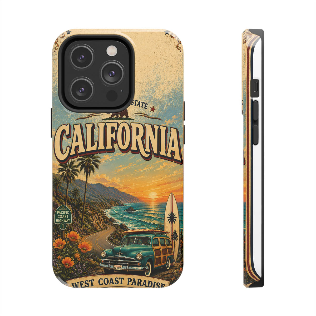 California Golden State Faux Patchwork Phone Case Vintage Travel Poster Retro State Pride Cover
