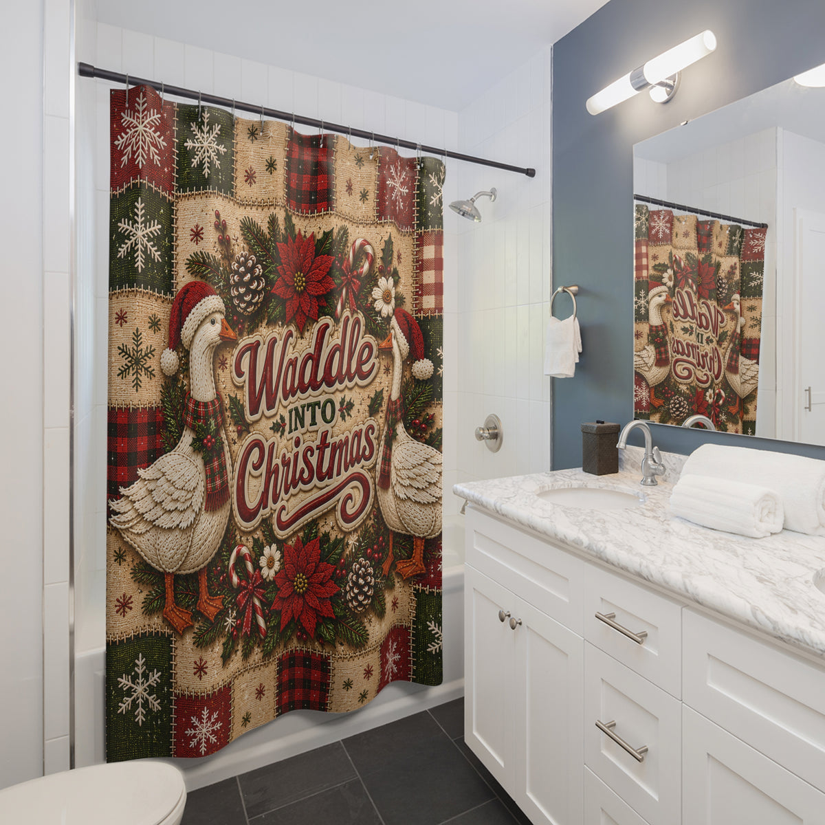 Christmas Goose Shower Curtain Waddle Into Christmas Festive Goose Faux Patchwork Rustic Farmhouse Holiday Bathroom Decor