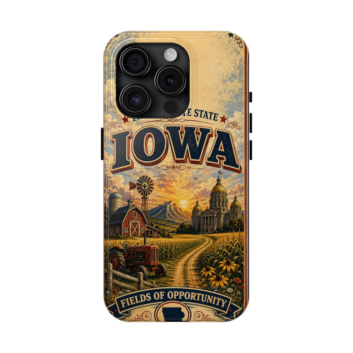 Iowa Hawkeye State Faux Patchwork Phone Case – Vintage Travel Poster Style Iowa Souvenir Cover for iPhone & Samsung