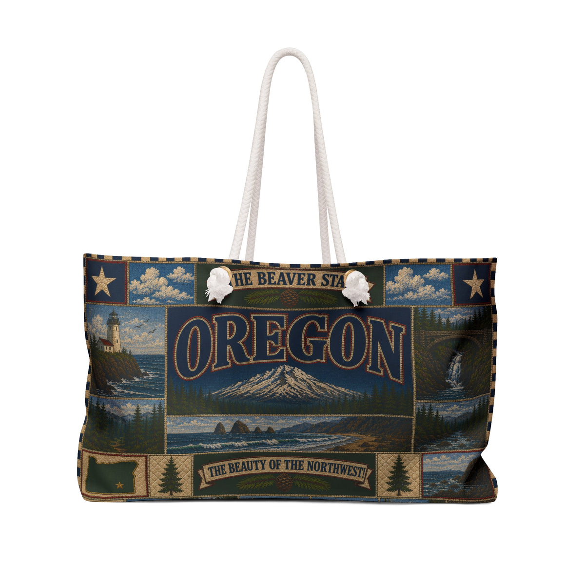 Oregon Weekender Bag Beaver State Faux Patchwork Travel Tote Pacific Northwest Mountain Coastal Adventure Souvenir Gift