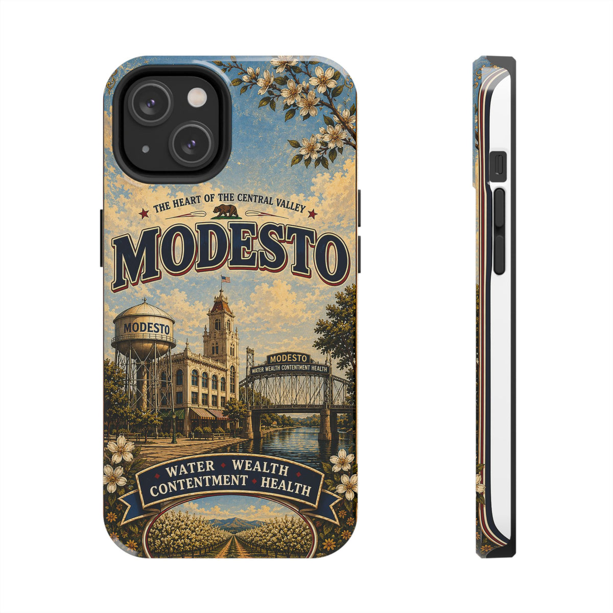 Modesto Faux Patchwork Phone Case – Central Valley Heritage Retro Travel Art, Orchard & Waterfront Cover