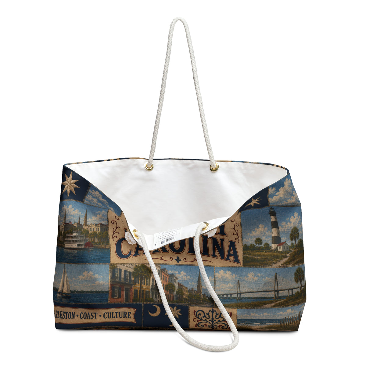 South Carolina Weekender Bag Palmetto State Faux Patchwork Travel Tote Charleston Coastal Lighthouse Beach Souvenir Gift