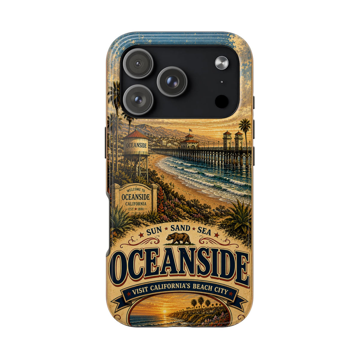 Oceanside Sunset Pier Faux Patchwork Phone Case – California Coastal Vintage Travel Art Beach Cover