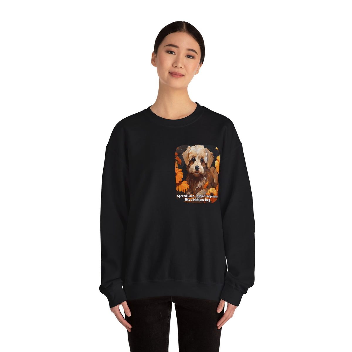 Maltipoo Dog Love Sunflower Sweatshirt – 'Spread Love, Inspire Happiness' – Unisex Designer Dog Pullover