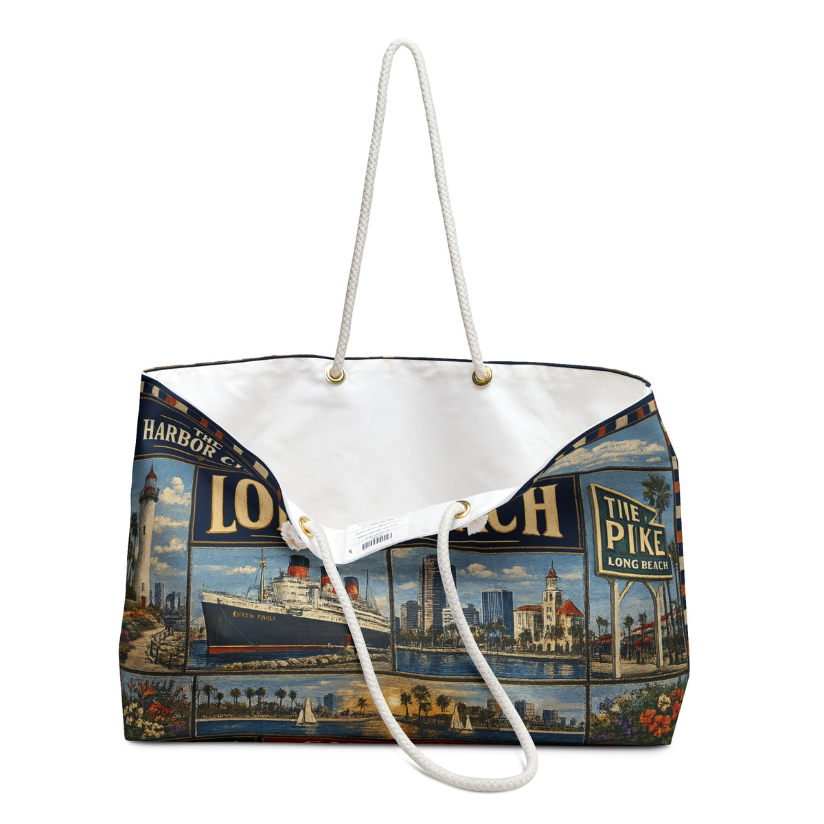 Long Beach California Weekender Bag Harbor City Faux Patchwork Travel Tote Queen Mary Coastal Getaway Gift