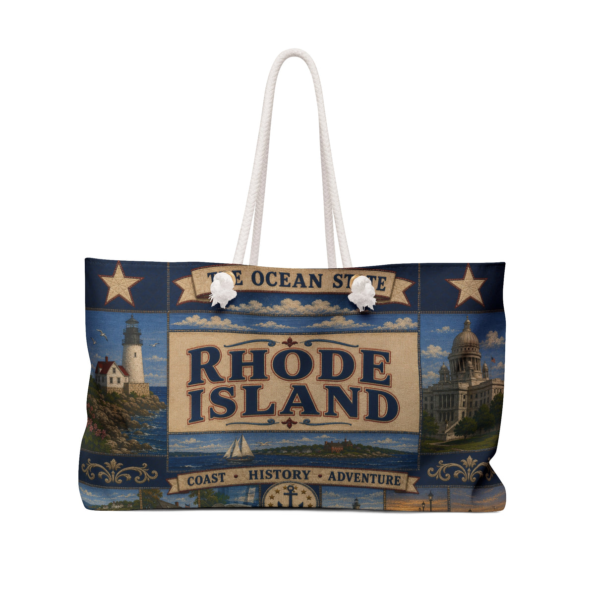 Rhode Island Weekender Bag Ocean State Faux Patchwork Travel Tote Coastal Lighthouse Beach Vacation Souvenir Gift