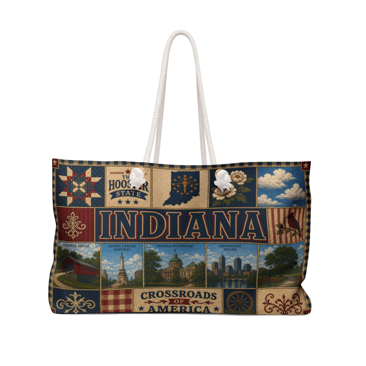 Indiana Weekender Bag Hoosier State Faux Patchwork Travel Tote Crossroads of America Vintage State Souvenir Gift