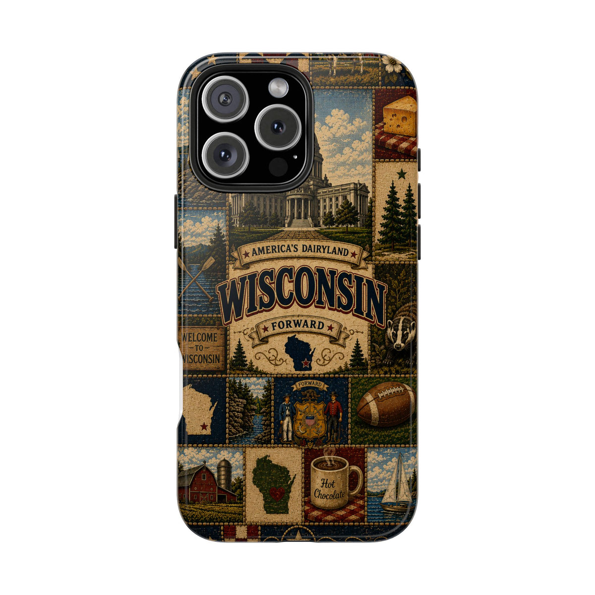 Wisconsin Faux Patchwork Phone Case Americas Dairyland Retro Barn Lighthouse Forward State Pride Cover