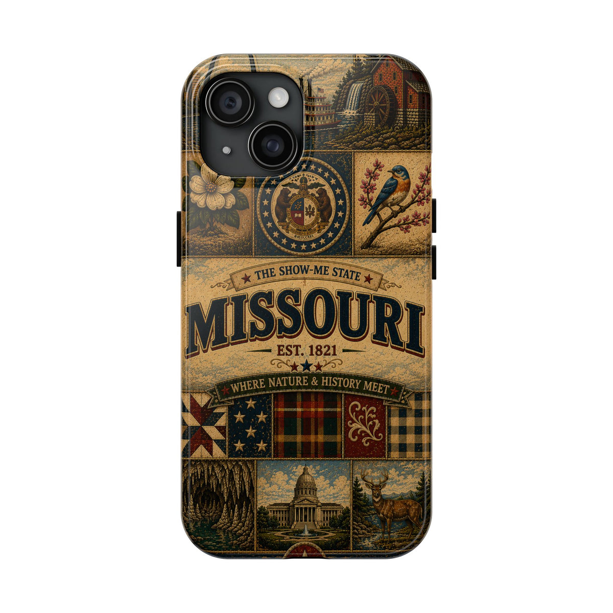 Missouri Show Me State Faux Patchwork Phone Case – Vintage Travel Poster Gateway Arch & Riverboat Cover for iPhone & Samsung