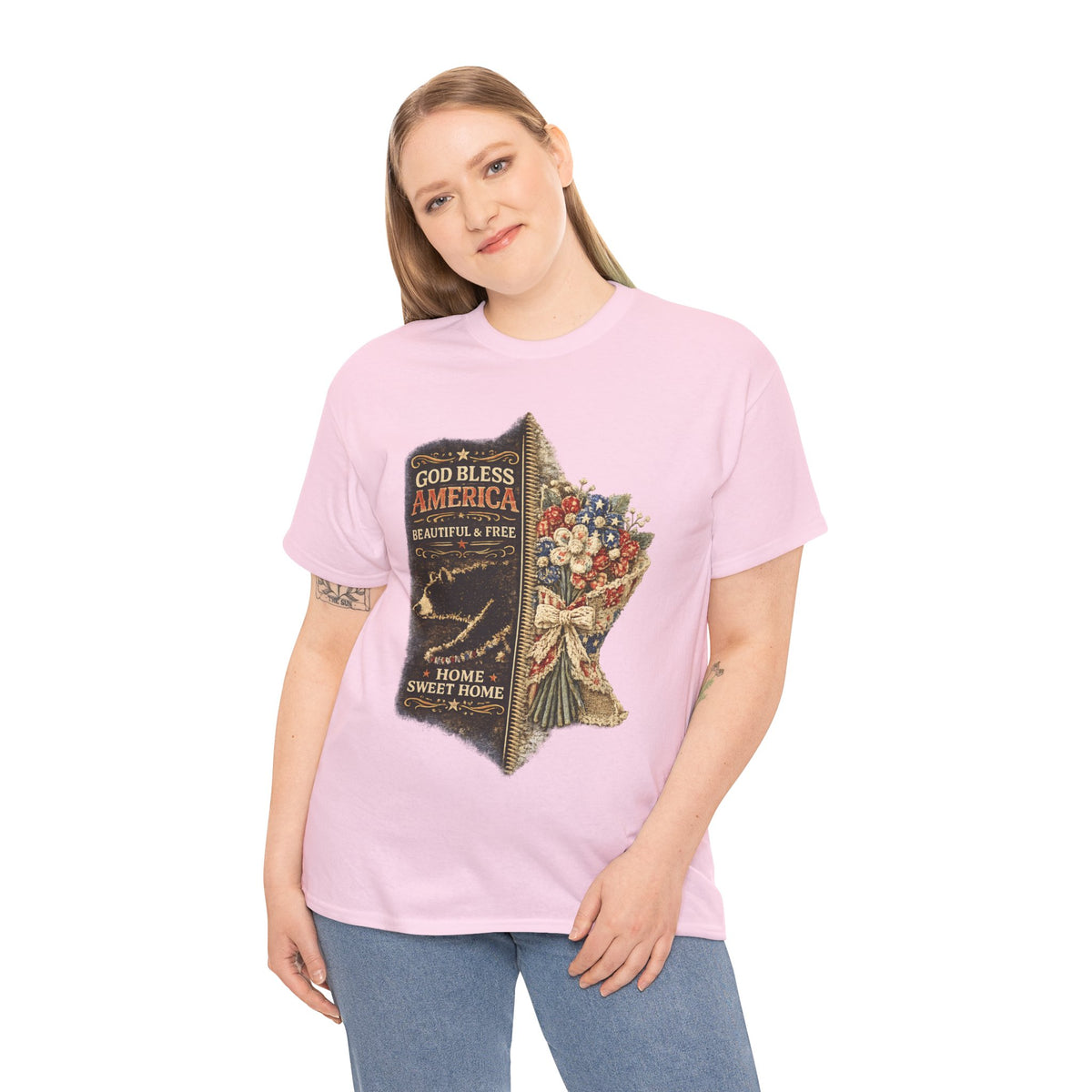 God Bless America T-Shirt — Patriotic "Home Sweet Home" Floral Design