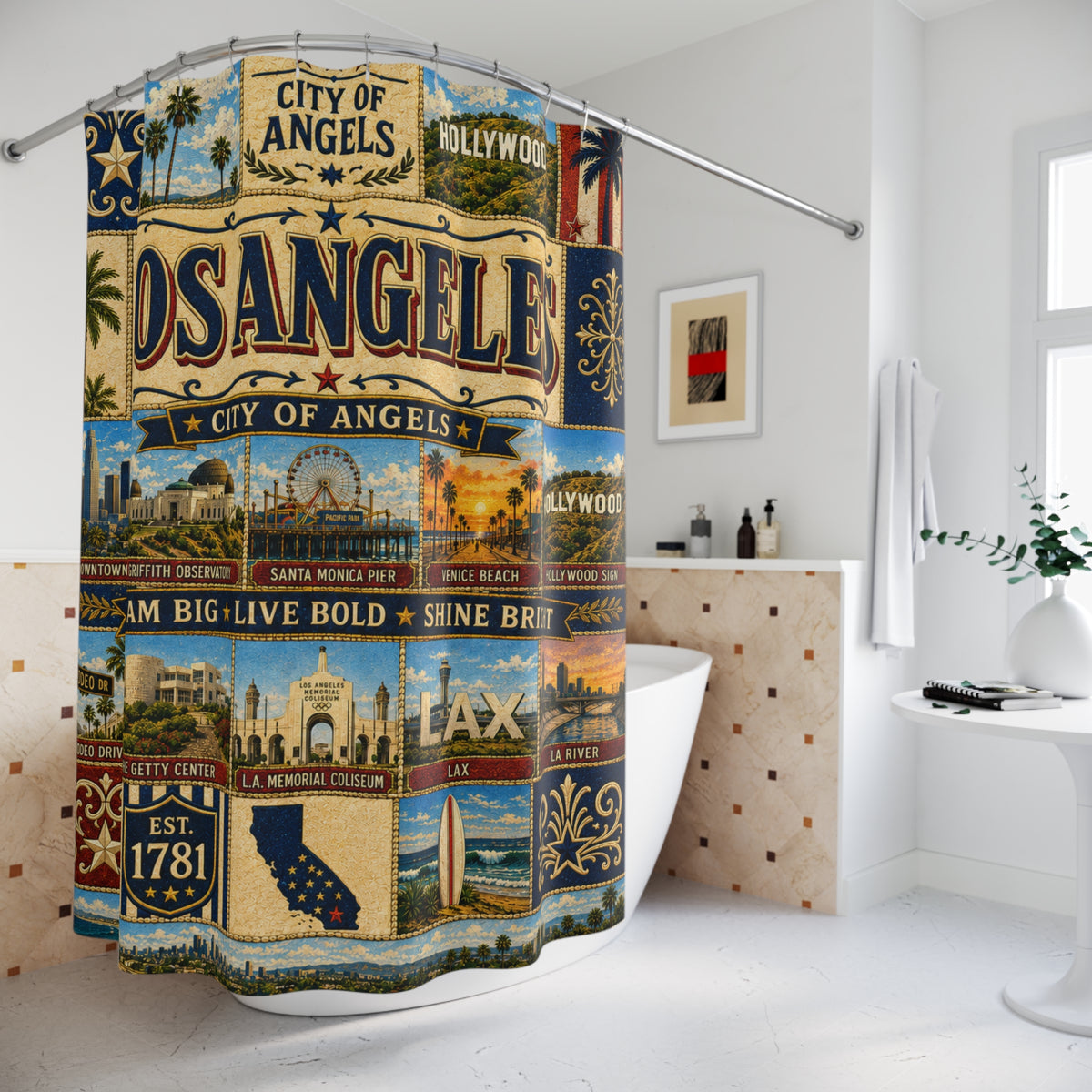 Los Angeles Shower Curtain, City of Angels Decor, Hollywood Coastal Faux Patchwork, California Bathroom Decor