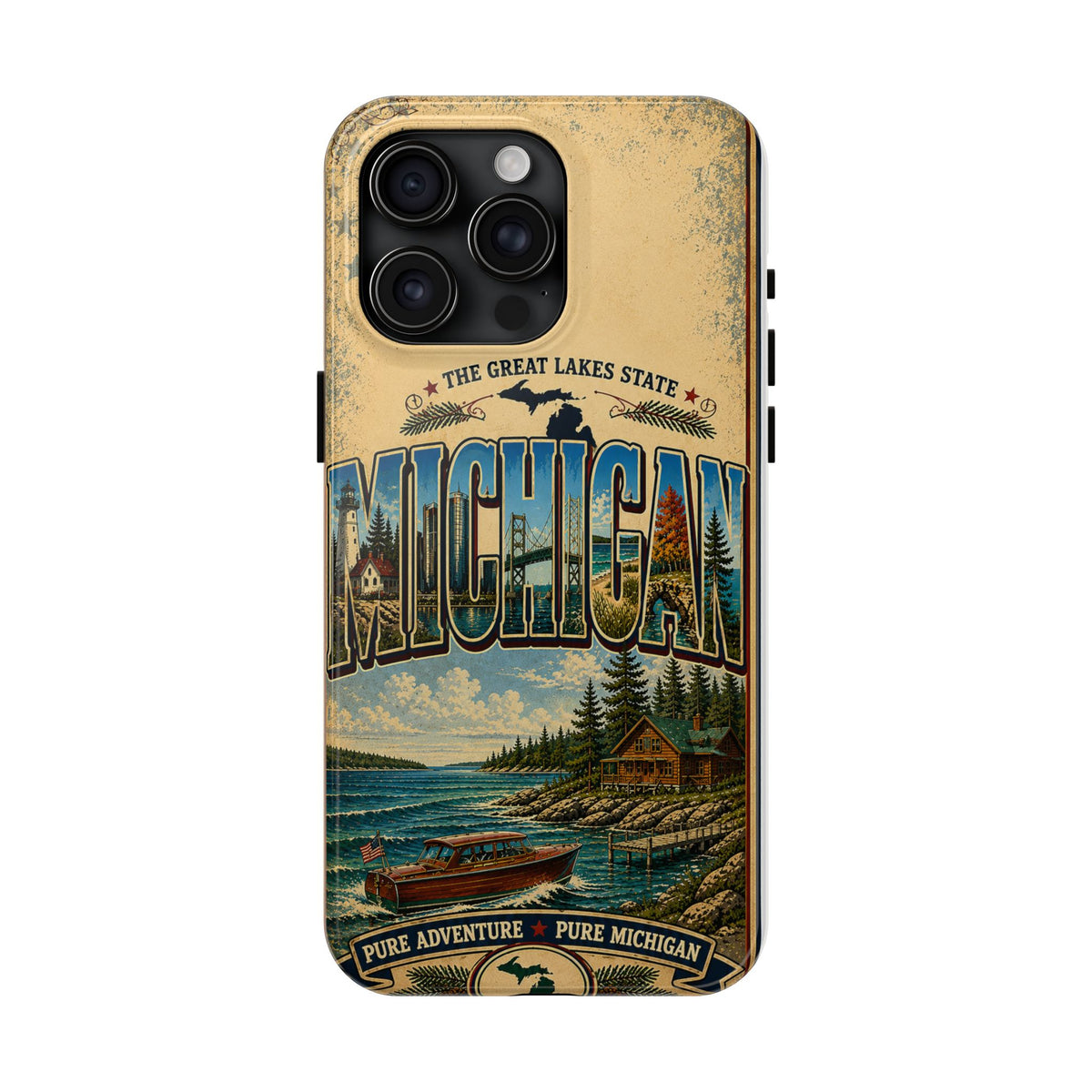 Michigan Great Lakes Faux Patchwork Phone Case – Vintage Travel Poster Style Michigan State Pride Cover for iPhone & Samsung