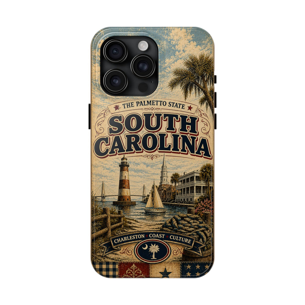 South Carolina Faux Patchwork Phone Case Palmetto State Retro Charleston Coastal Lighthouse State Pride Cover