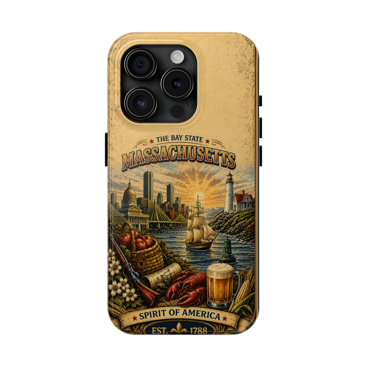 Massachusetts Bay State Faux Patchwork Phone Case – Vintage Travel Poster Style New England Souvenir Cover for iPhone & Samsung