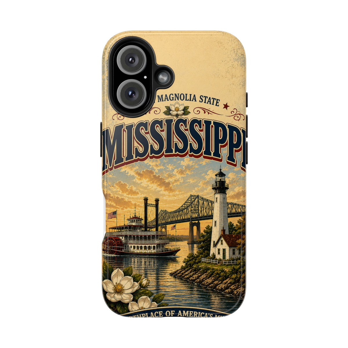 Mississippi Magnolia State Faux Patchwork Phone Case – Vintage Travel Poster Riverboat Lighthouse Design for iPhone & Samsung