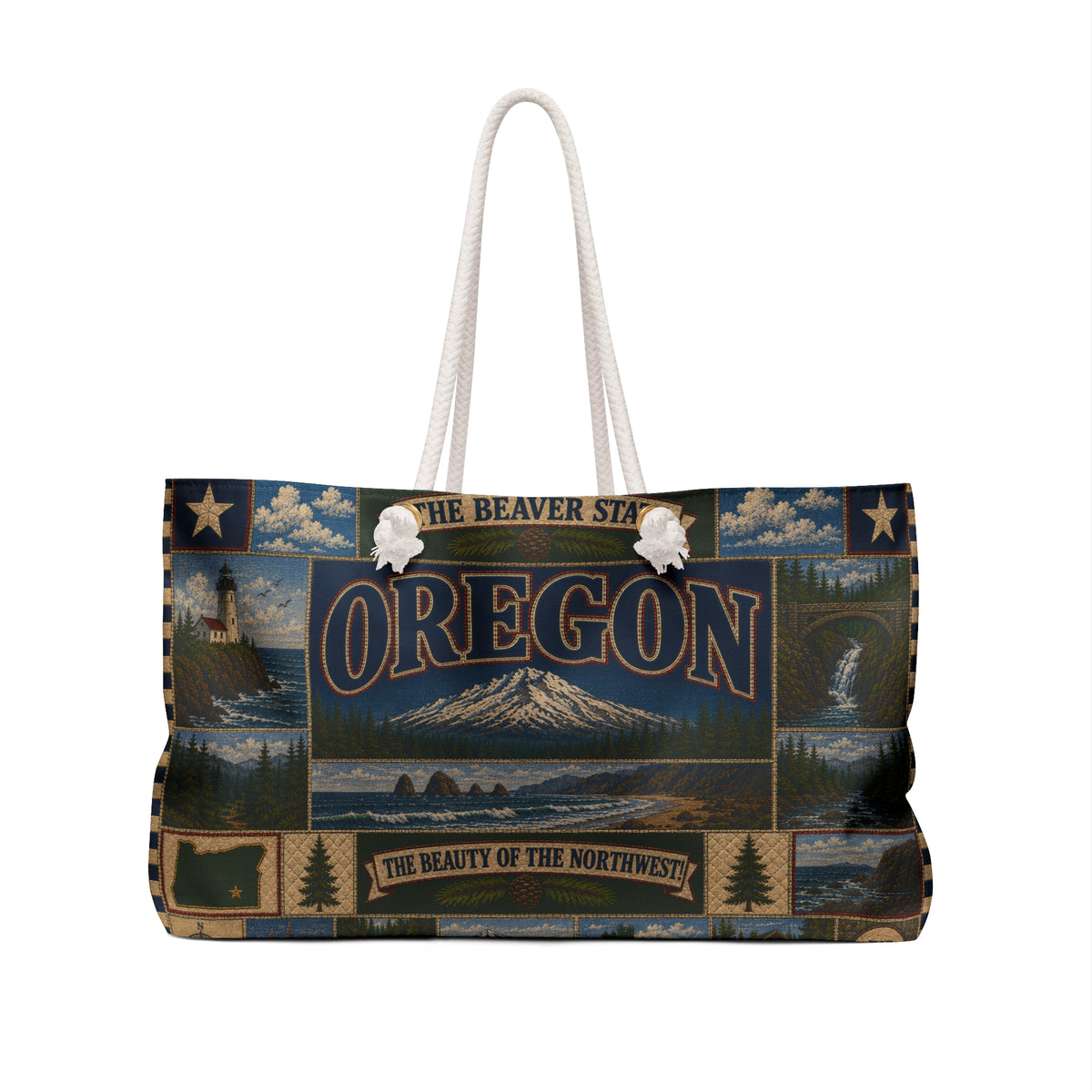 Oregon Weekender Bag Beaver State Faux Patchwork Travel Tote Pacific Northwest Mountain Coastal Adventure Souvenir Gift