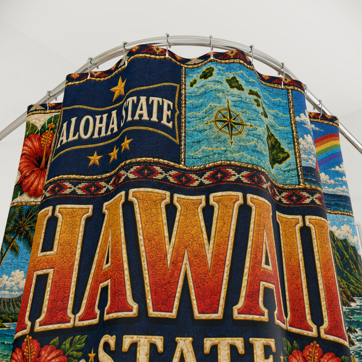 Hawaii Shower Curtain, Aloha State Decor, Tropical Island Faux Patchwork, Hawaiian Landmark Bathroom Decor