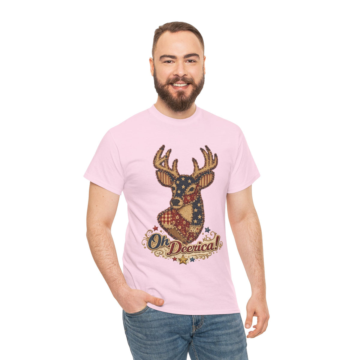 Deerica Patriotic Deer T-Shirt — "Oh Deerica!" American Flag Buck Tee