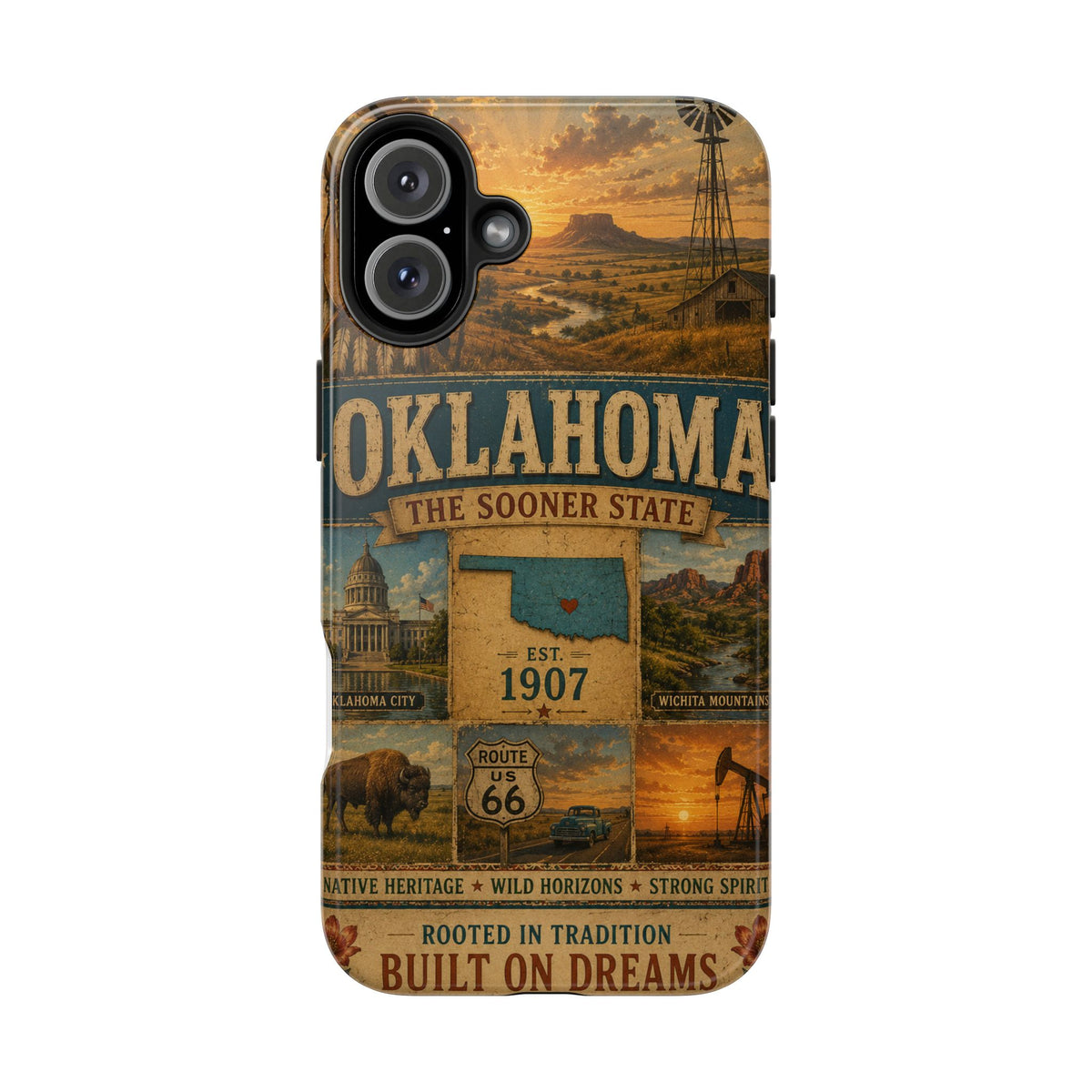 write me a title and product description for this United State phone case with Slogan  "Oklahoma Faux Patchwork Phone Case The Sooner State Vintage Travel Poster Retro State Pride Cover Est 1907"...
