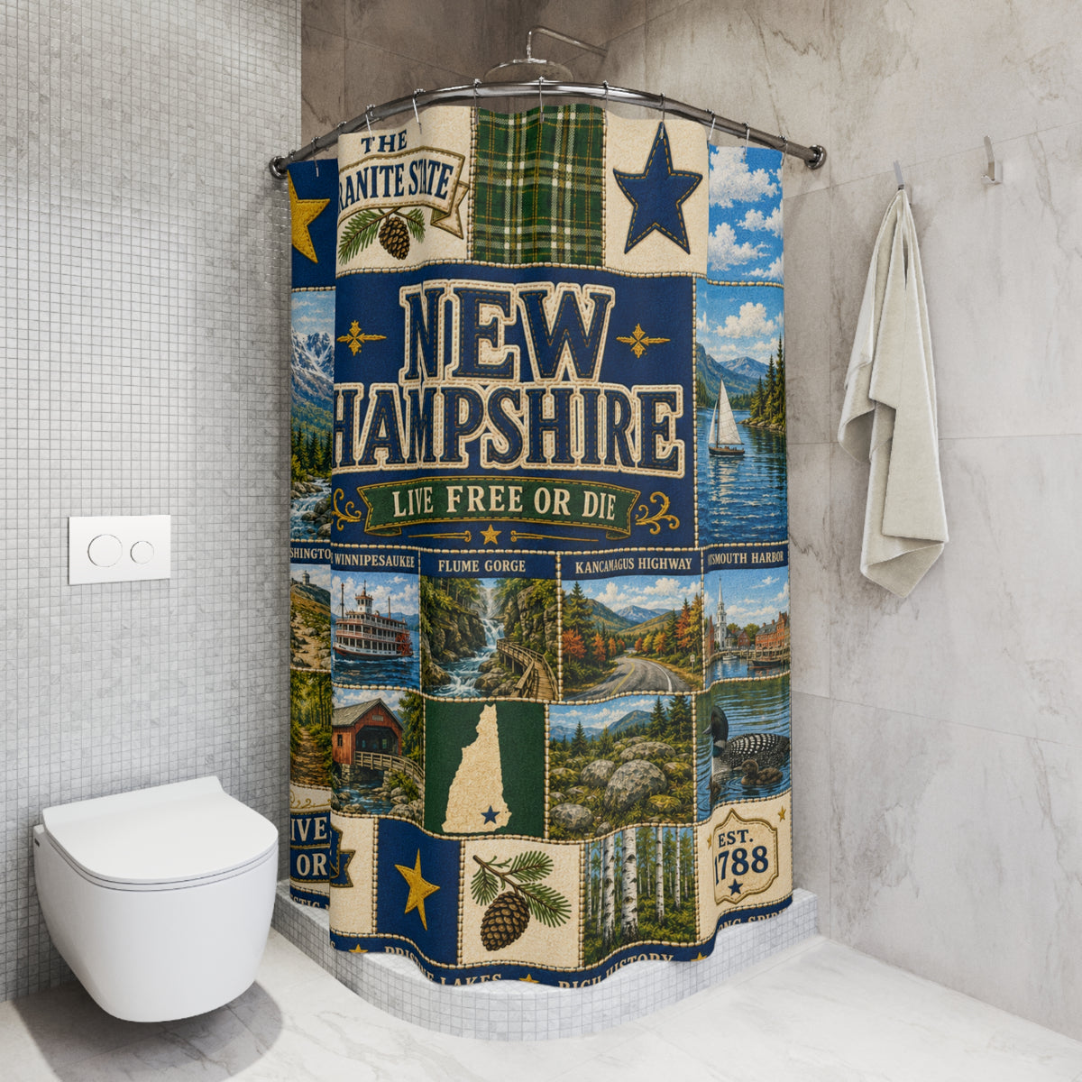 New Hampshire Shower Curtain Live Free or Die Faux Patchwork Granite State Mountain Lake Rustic Americana Bathroom Decor