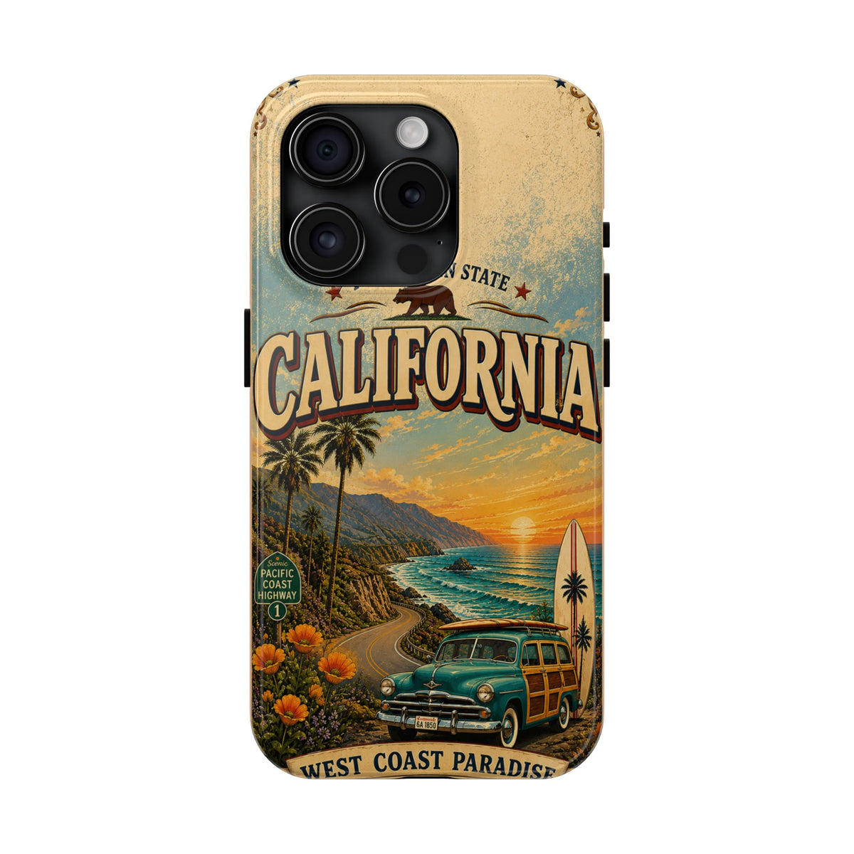 California Golden State Faux Patchwork Phone Case Vintage Travel Poster Retro State Pride Cover