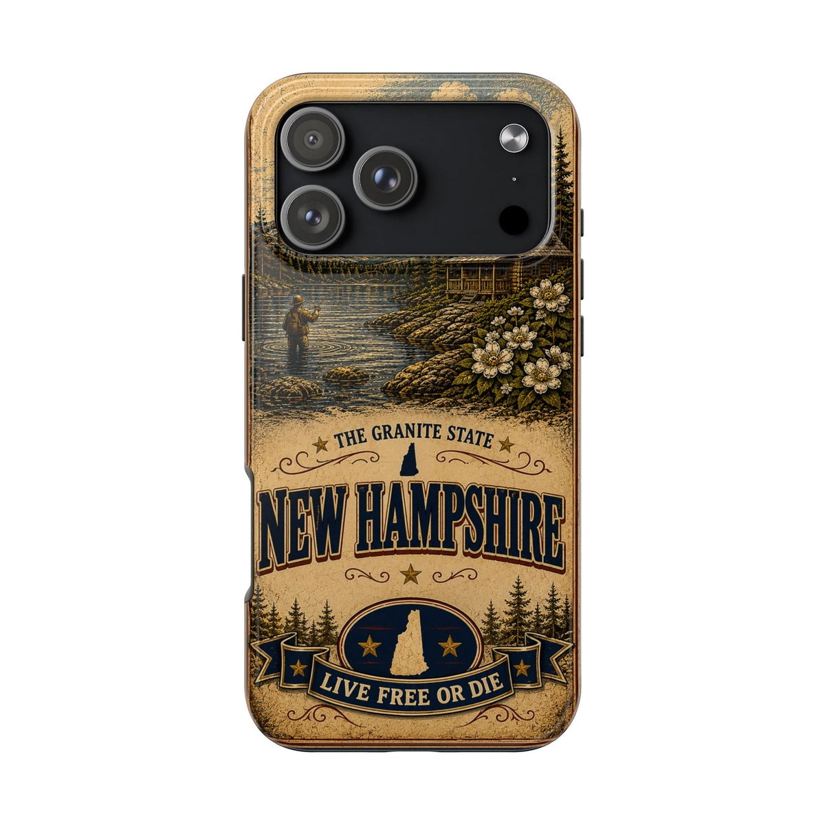 New Hampshire Faux Patchwork Phone Case Live Free or Die Granite State Vintage Travel Poster iPhone 17 Samsung S26 Cover