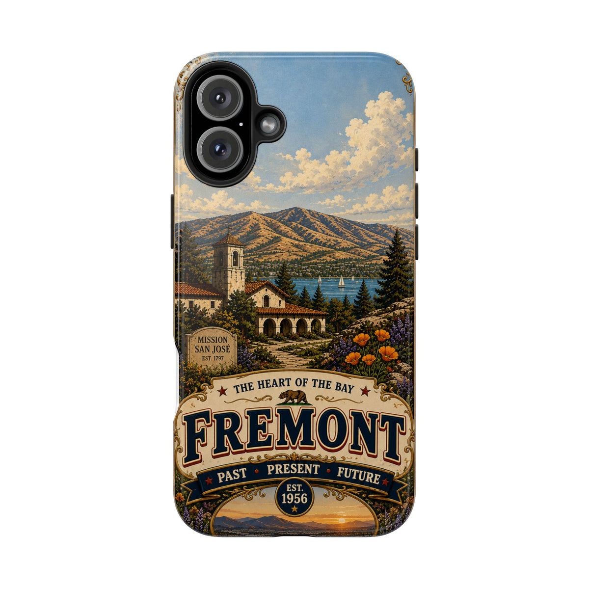Fremont California Faux Patchwork Phone Case – Heart of the Bay Retro Travel Art, Mission San José Landmark Cover