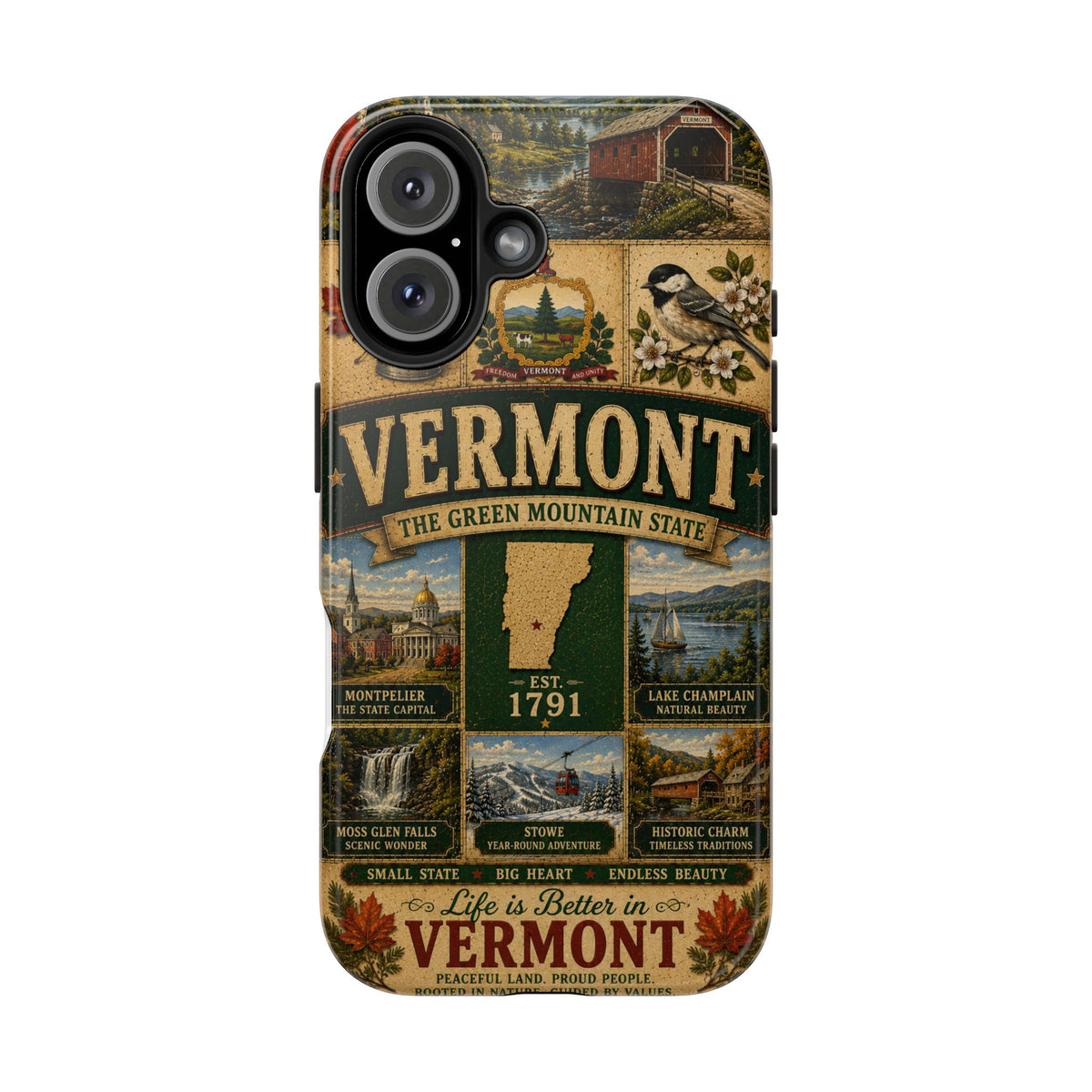 Vermont Faux Patchwork Phone Case The Green Mountain State Vintage Travel Poster Retro State Pride Cover Est 1791