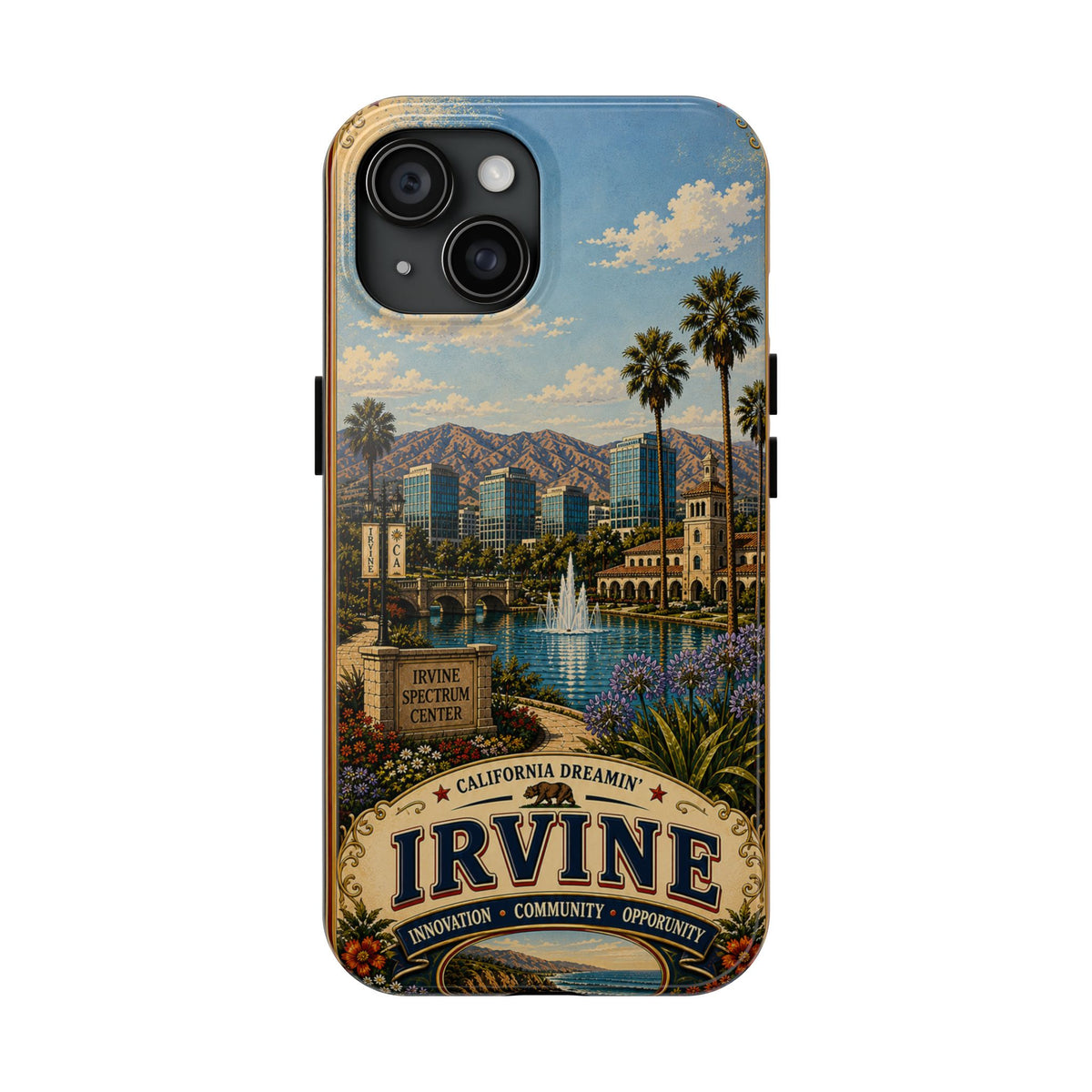 Irvine Faux Patchwork Phone Case – California Dreamin’ Vintage Travel Art, Spectrum Park & Cityscape Cover