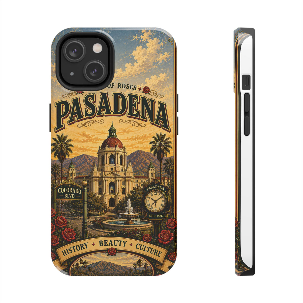 Pasadena City of Roses Faux Patchwork Phone Case – Vintage California Landmark Travel Art Cover