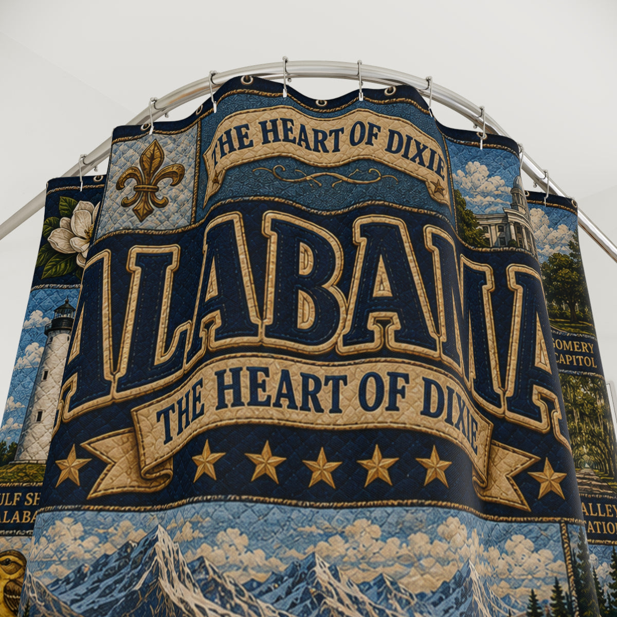 Alabama State Shower Curtain Heart of Dixie Faux Patchwork Southern Landmarks Sweet Home Alabama Bathroom Decor