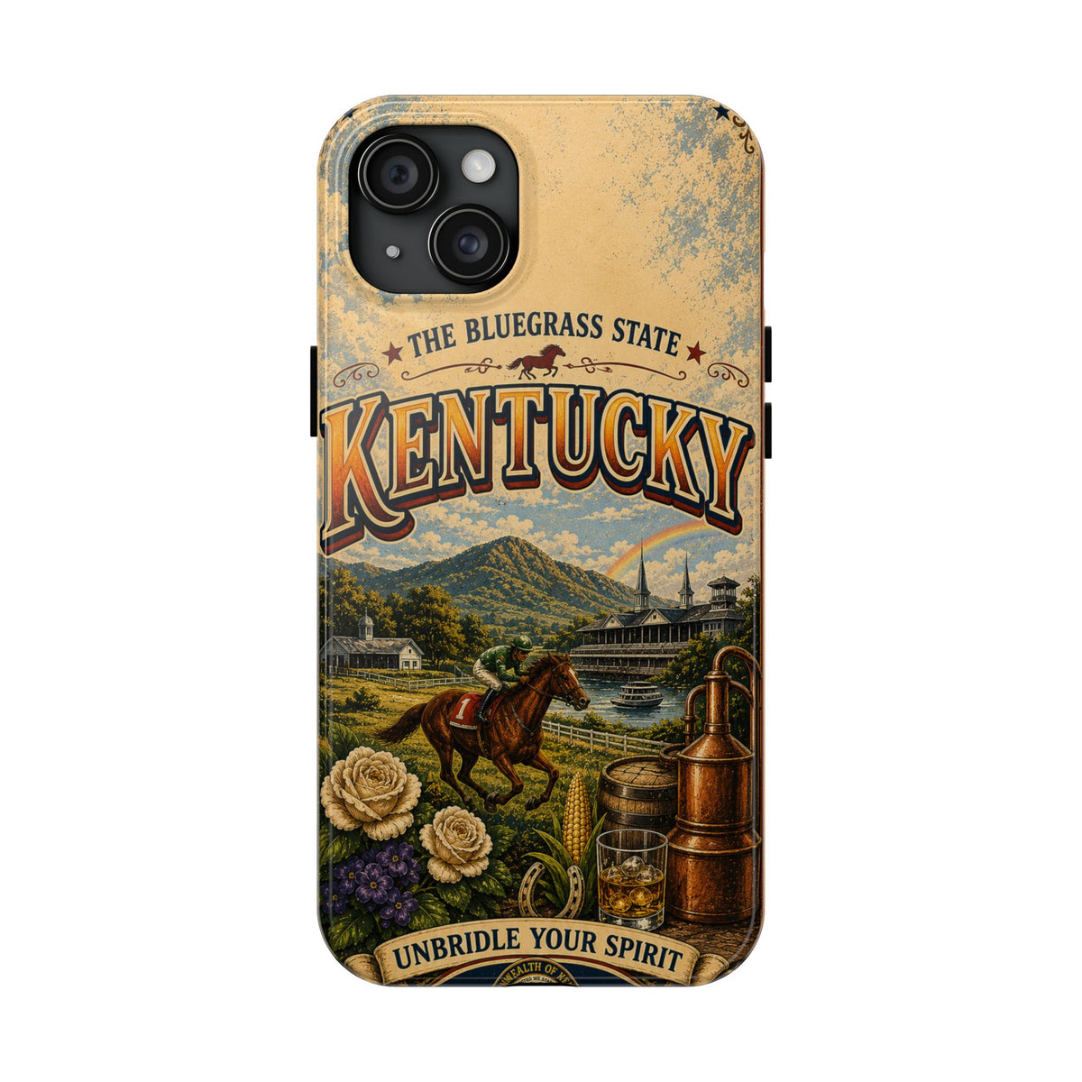 Kentucky Bluegrass State Faux Patchwork Phone Case – Vintage Travel Poster Style Kentucky Souvenir Cover for iPhone & Samsung