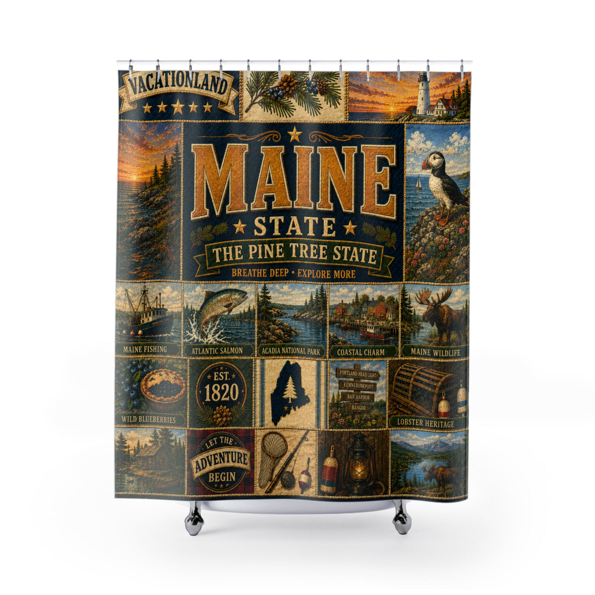 Maine Shower Curtain, Vacationland Coastal Decor, Pine Tree State Faux Patchwork, New England Bathroom Decor