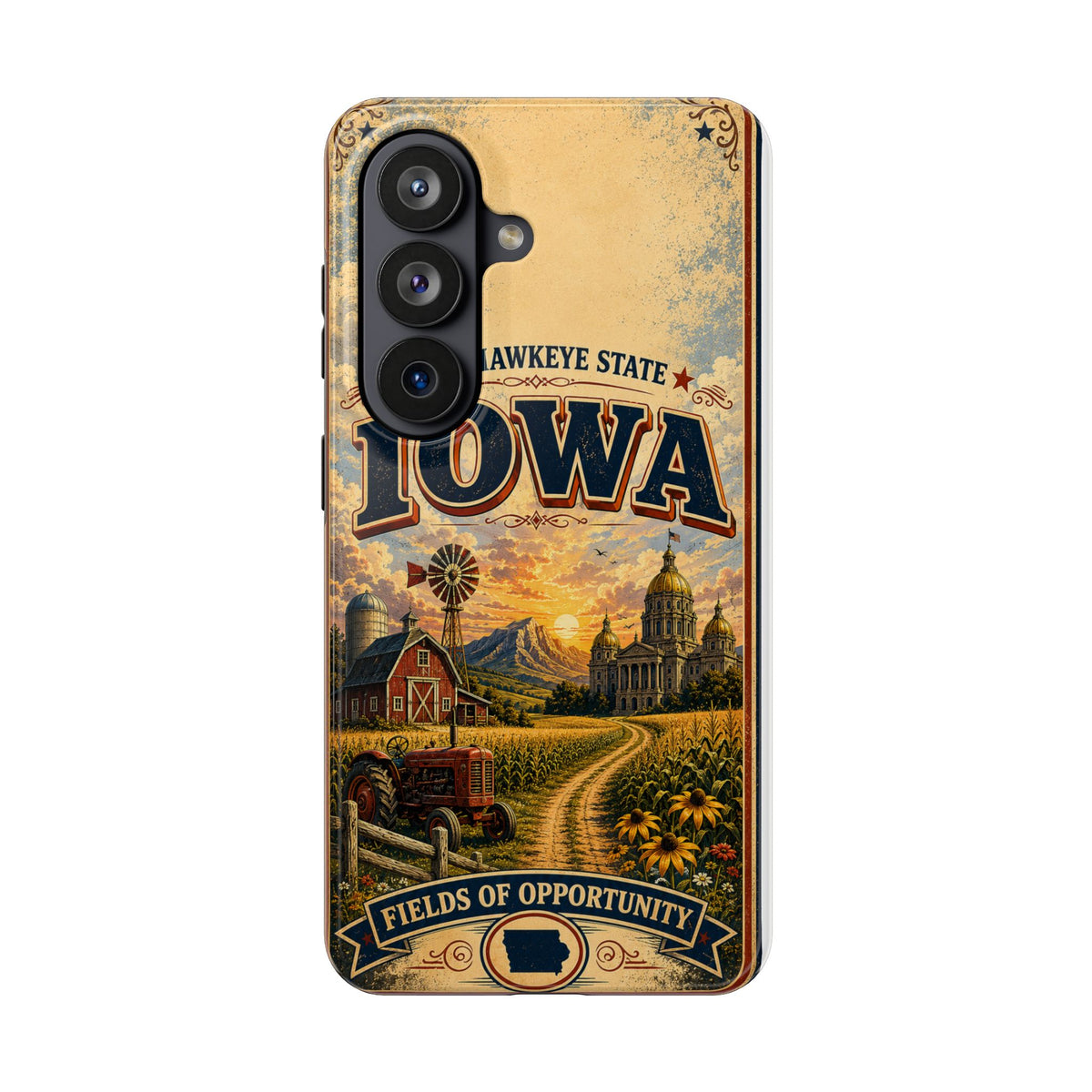 Iowa Hawkeye State Faux Patchwork Phone Case – Vintage Travel Poster Style Iowa Souvenir Cover for iPhone & Samsung