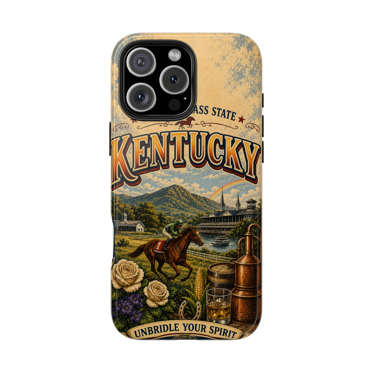 Kentucky Bluegrass State Faux Patchwork Phone Case – Vintage Travel Poster Style Kentucky Souvenir Cover for iPhone & Samsung