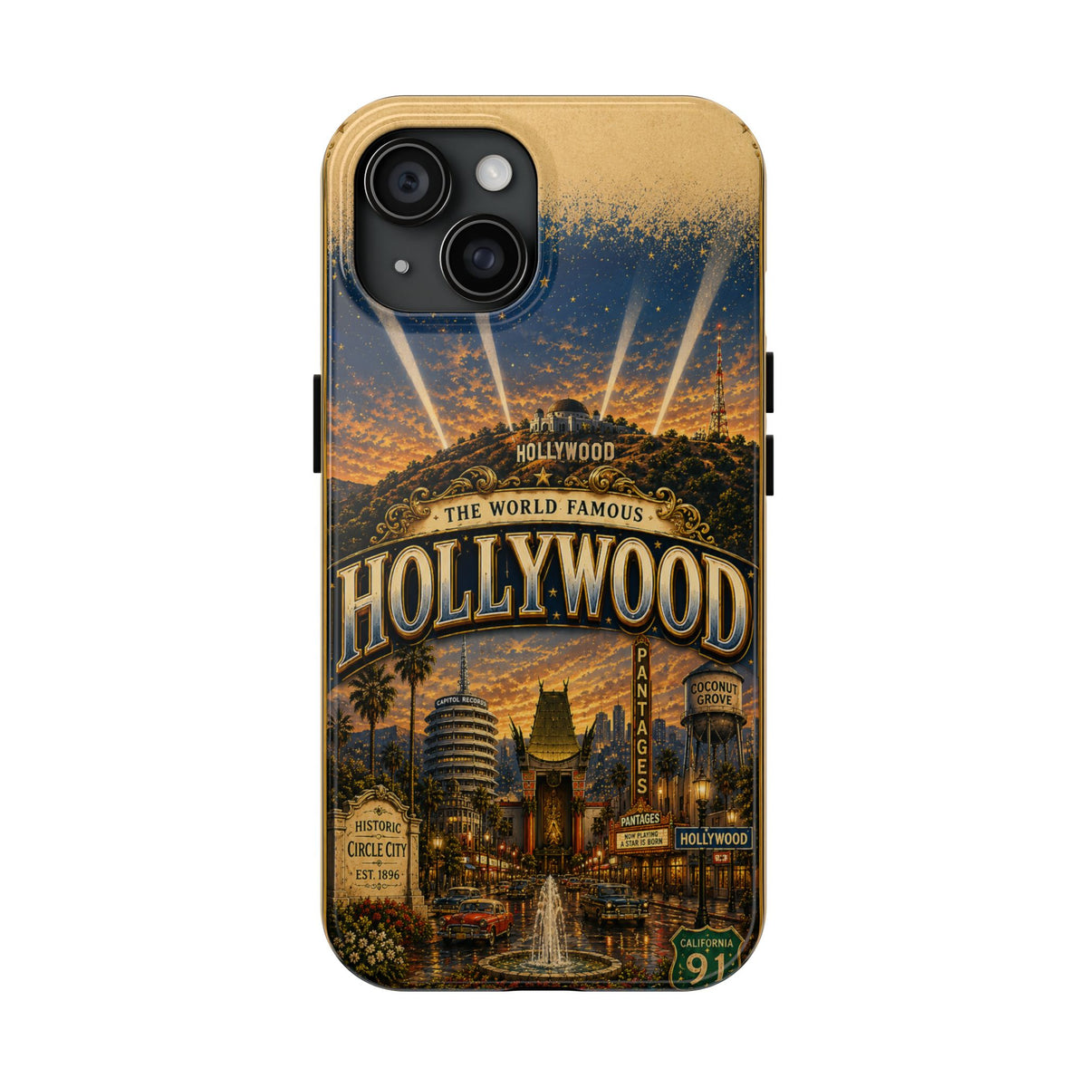 Hollywood Faux Patchwork Phone Case – Vintage Night Lights Retro Cinema Street Scene Old Hollywood Glam Cover