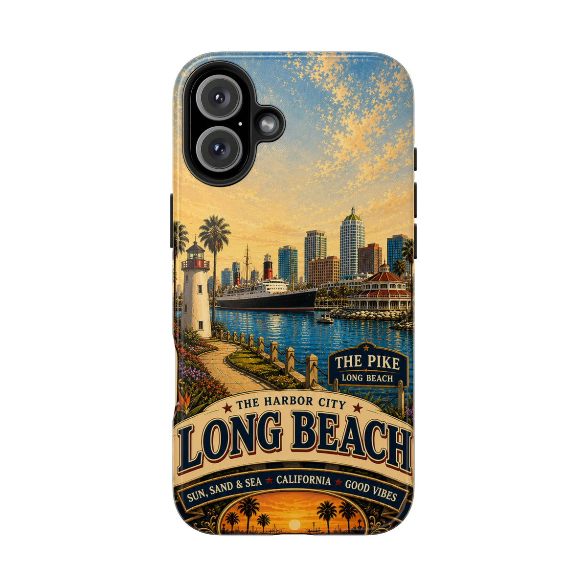 Long Beach Faux Patchwork Phone Case – Harbor City Coastal Retro Art, California Sunset Waterfront Cover